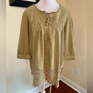 Green Linen Blouse‎ with Lace detail
